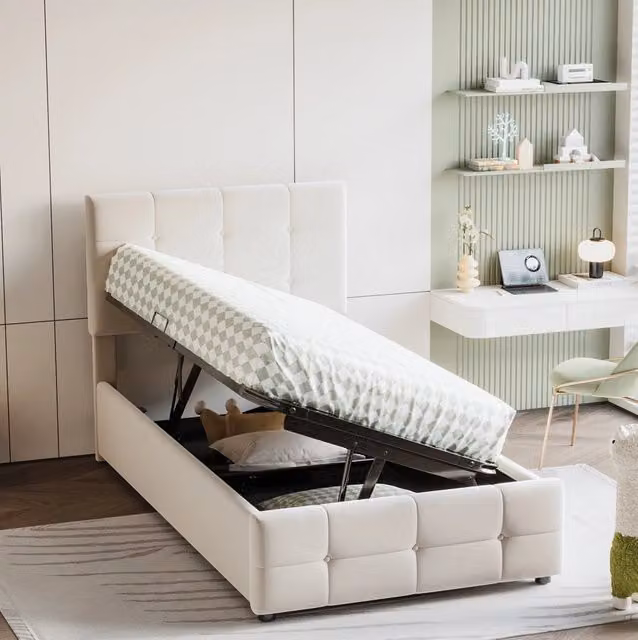 Letto imbottito bambini 90x200 cm; contenitore idraulico; velluto beige (Senza materasso)