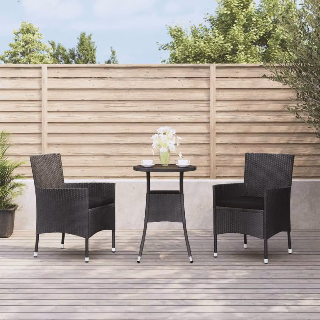 Set Bistrò da Giardino vidaXL in Polyrattan Nero con Cuscini e Tavolo in Vetro