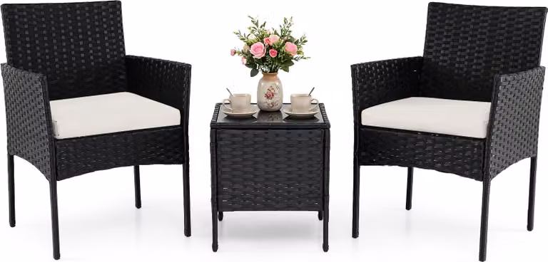 Set di mobili da giardino in polyrattan COSTWAY, 3 pezzi. Mobili da balcone con tavolo da giardino, 2 sedie con cuscini inclusi, salotto da giardino, mobili da terrazza, set da balcone beige