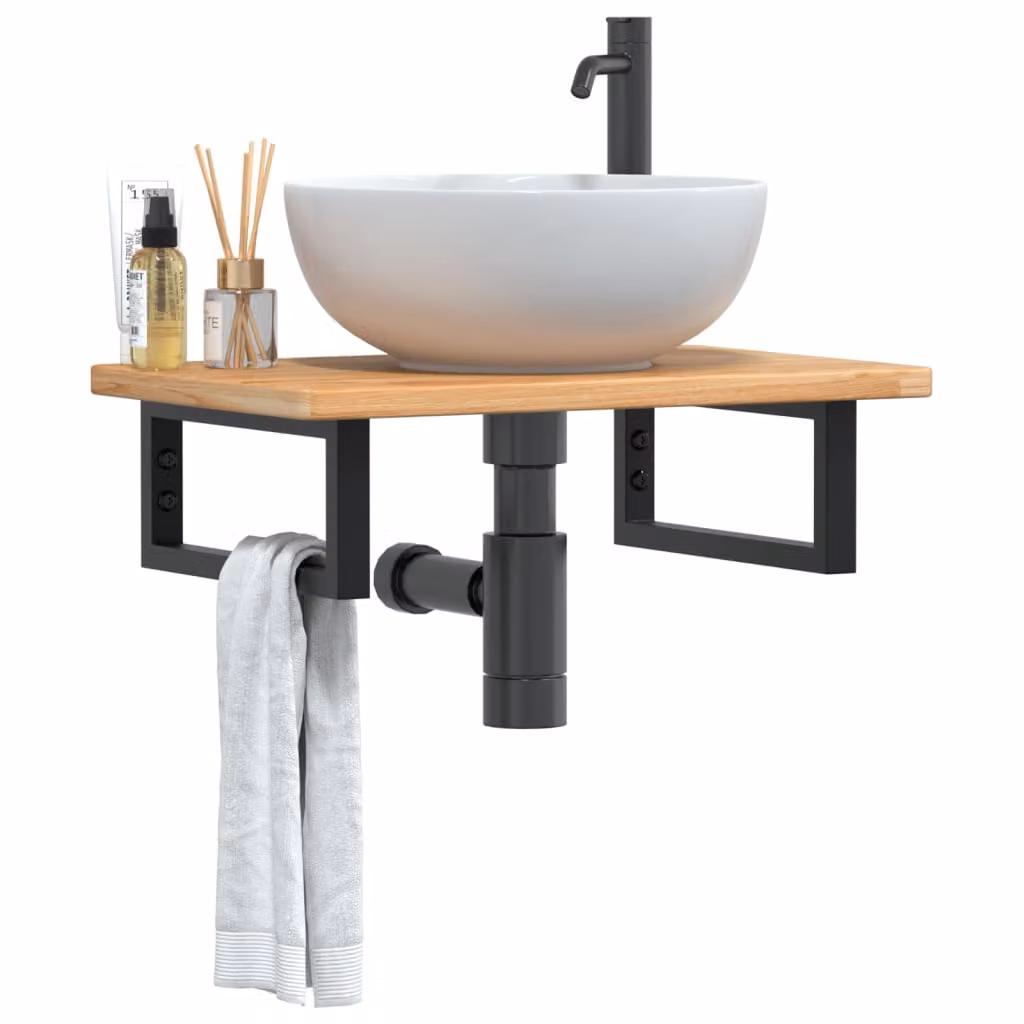 Ripiano a parete per lavabo vidaXL in legno di rovere e metallo nero, L: 60 cm, P: 40 cm, H: 3 cm