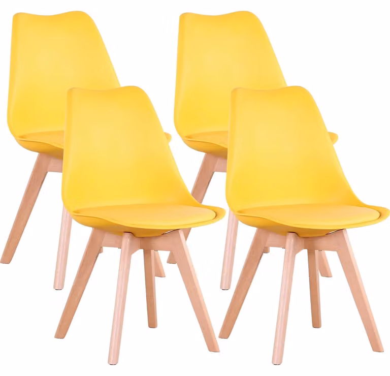 Set di 4 sedie da pranzo - Sedia per cucina - Seduta in plastica - Gambe in legno di faggio massello - Design minimalista - Adatta per cucina, sala da pranzo, ufficio, ristorante - Giallo
