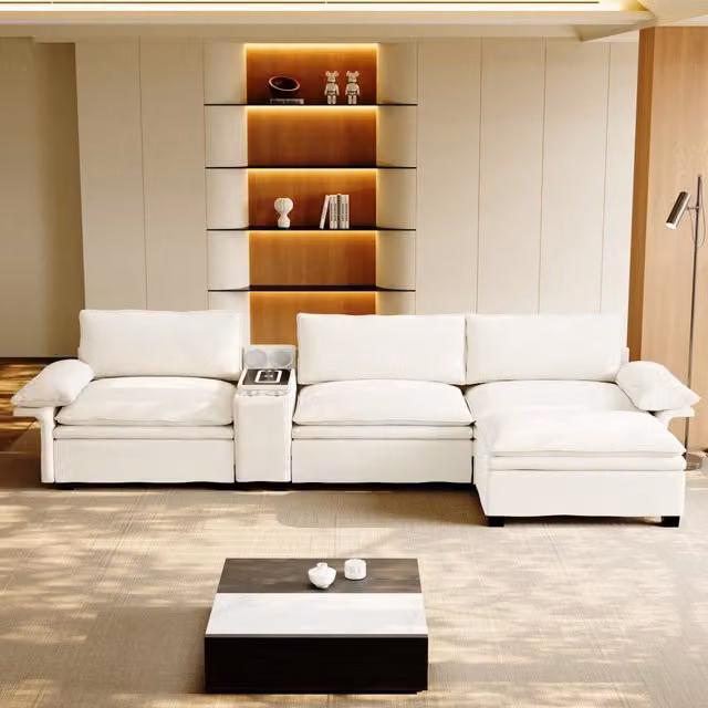 Divano Angolare Modulare con Contenitore, Luce e Speaker ¨C MINIMAL ¨C Chenille Beige/Bianco 315cm