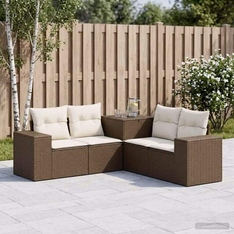 Set di divani da giardino vidaXL in polyrattan marrone e bianco crema con cuscini inclusi e contenitore per l'ottoman