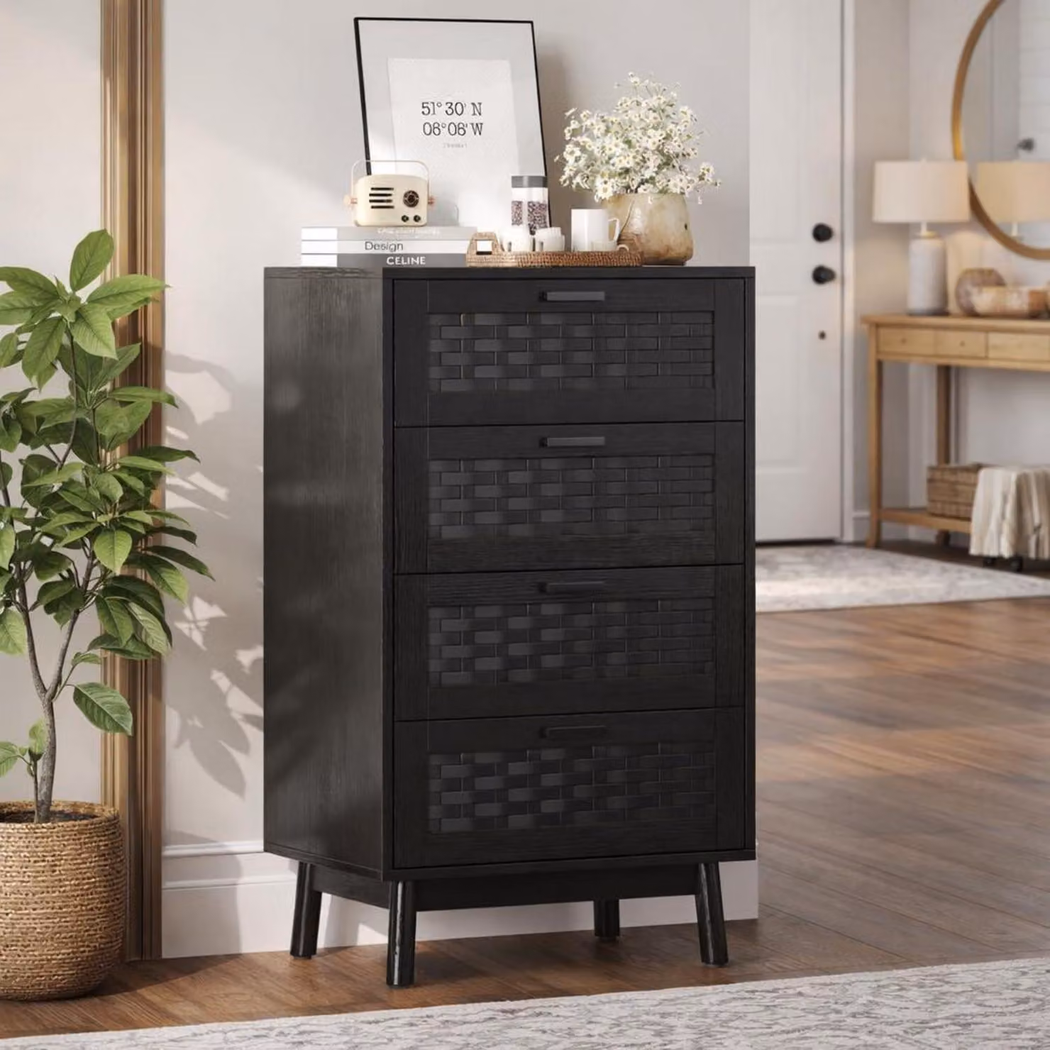 Comodino in rattan con 4 cassetti, colore nero