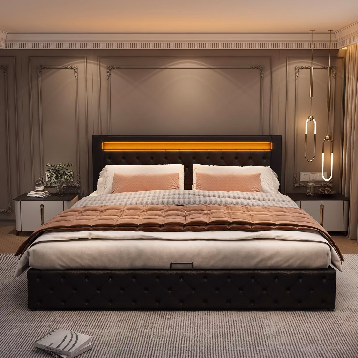 Letto imbottito idraulico Merax 180x200 cm con illuminazione a LED, rete a doghe e vano contenitore, letto contenitore funzionale Letto matrimoniale in ecopelle, nero