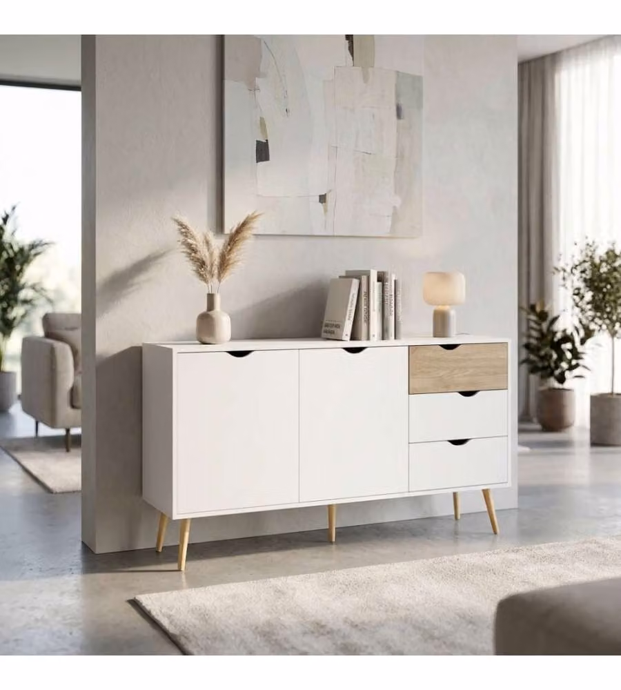 Madia Cosma Mobile Bradley in stile scandinavo con 2 ante e 3 cassetti, Bianco e Marrone, L: 147 cm, H: 82 cm – 1