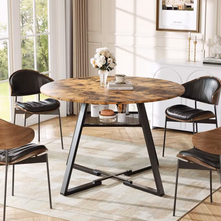 Tavolo da pranzo rotondo Fortuna Lai Ø120 cm in stile vintage - tavolo da sala da pranzo con ripiano portaoggetti, piano in legno e robusta struttura in metallo, 4-6 persone
