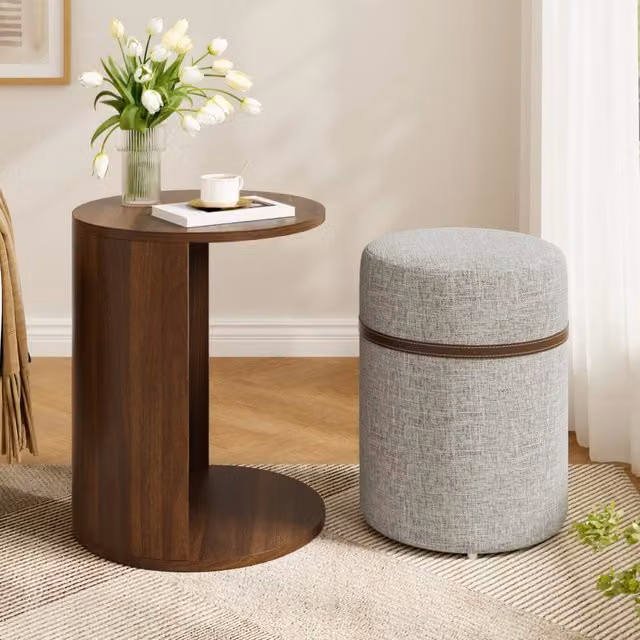 Tavolino da divano rotondo MIVRAY con sgabello imbottito integrato in legno di pino e MDF, colore noce, L/P/H: 38 x 38 x 47.5 cm