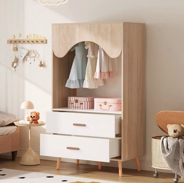 Armadio aperto ULEVR 80x46x141,5 cm con barra appendiabiti e 2 cassetti, MDF bianco e legno naturale