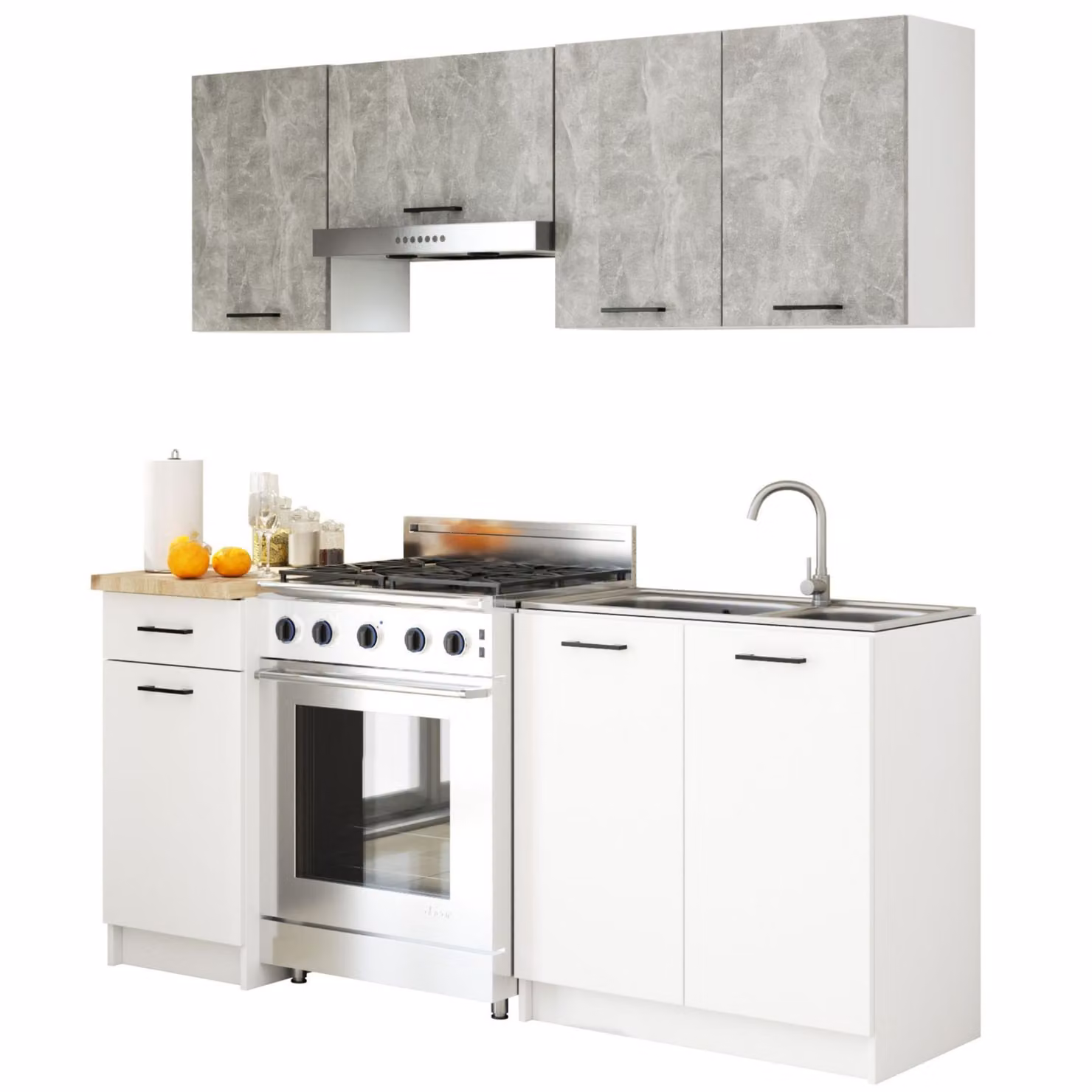 Set da cucina: un cassetto, sette ante, otto ripiani, colore: bianco cemento
