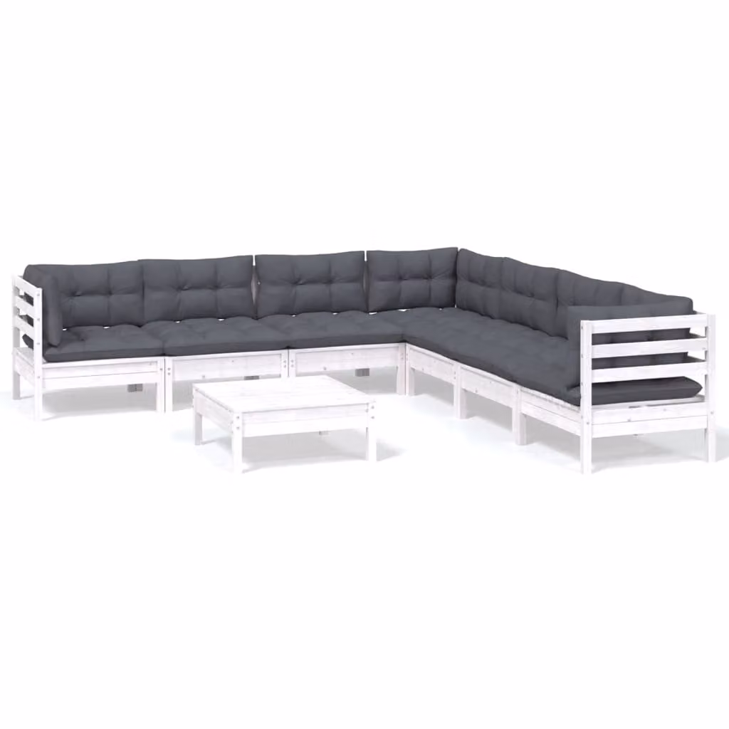 Set Divani da Giardino 8 pz con Cuscini Bianchi Legno di Pino
