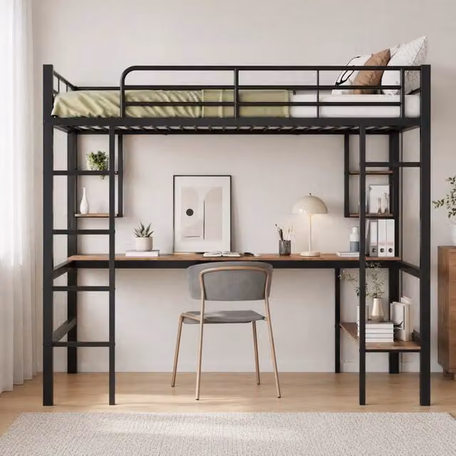 Letto a soppalco ULEVR 140x200 cm in metallo nero con scrivania, libreria e 4 ripiani
