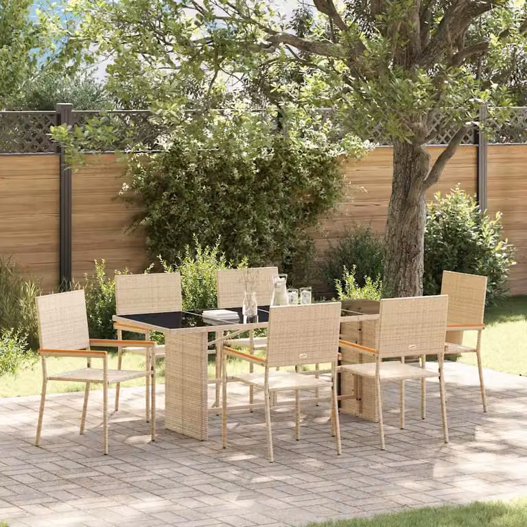 Set da pranzo per giardino e terrazzo vidaXL in polyrattan beige e marrone con tavolo in vetro e legno di acacia, 7 pezzi