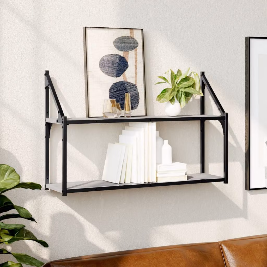 Scaffale da parete vidaXL con 2 ripiani, Grigio e Nero, L 80 cm x P 21 cm x H 51 cm
