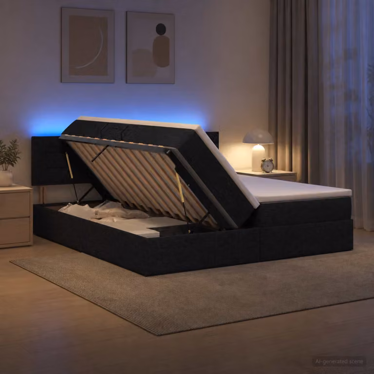 Letto con contenitore vidaXL in tessuto nero con illuminazione LED e porta USB, L/P/H: 180 x 200 x 140 cm