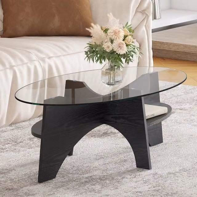 Tavolino Ovale MINIMAL con Piano in Vetro Temperato Trasparente e Gambe in MDF Nero L: 104 cm, P: 60 cm