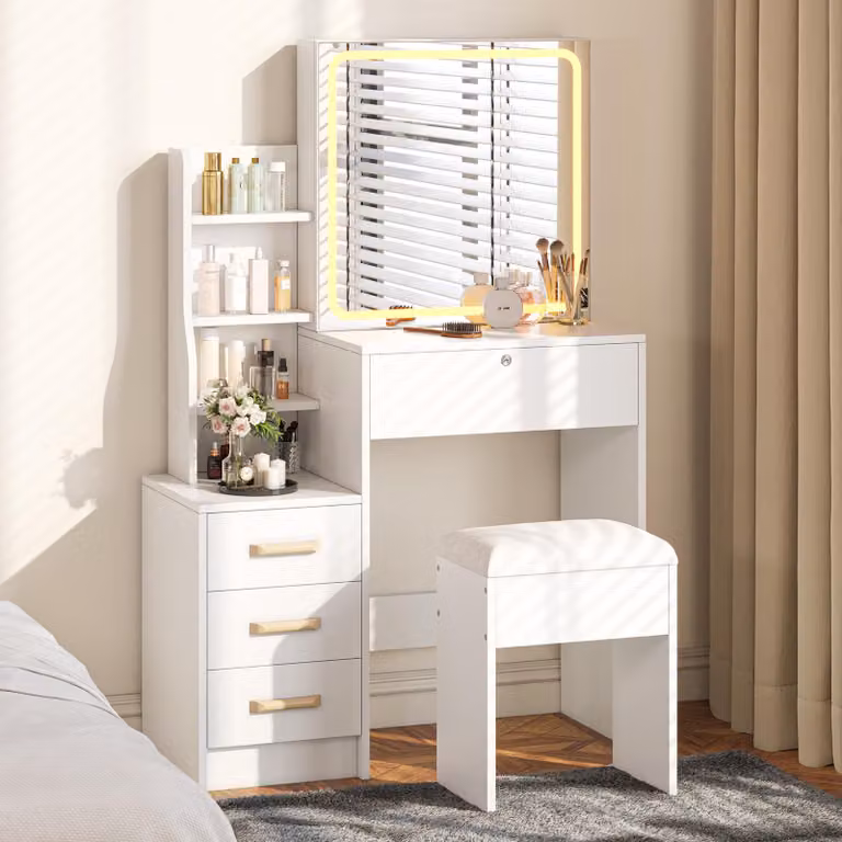 Comò da trucco REMZETTA con specchio a LED e sgabello, 4 cassetti, specchio scorrevole con spazio contenitivo, 3 colori di luce regolabili, tavolino da trucco per camera da letto, bianco