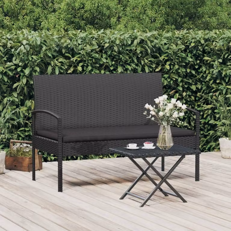 The Living Store Panca da giardino con cuscini Nero 105 cm Poly Rattan
