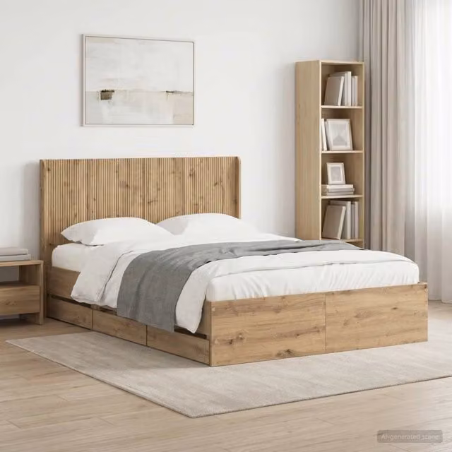 Letto moderno con contenitore e testata vidaXL in legno color rovere, L/P/H: 190 x 140 x 146,5 cm