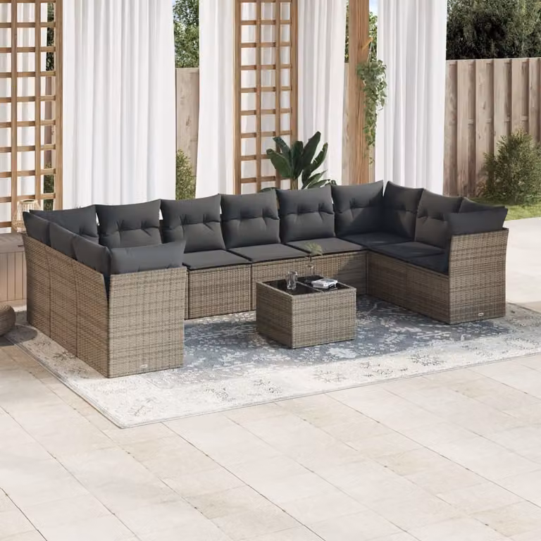 Set di divani da giardino vidaXL 11 pz con cuscini e tavolino in rattan grigio e struttura in metallo