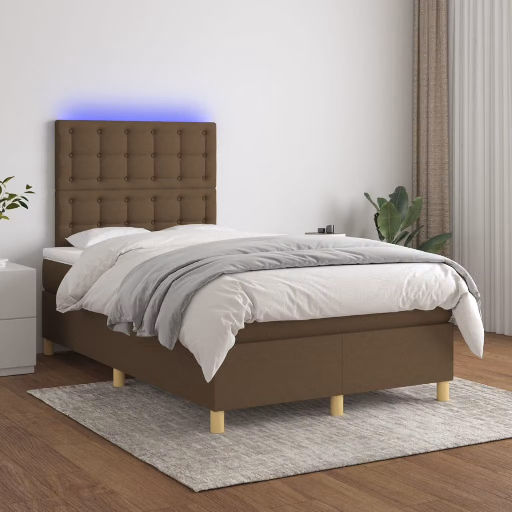 The Living Store Letto a molle con materasso e LED in tessuto marrone scuro 120x200 cm