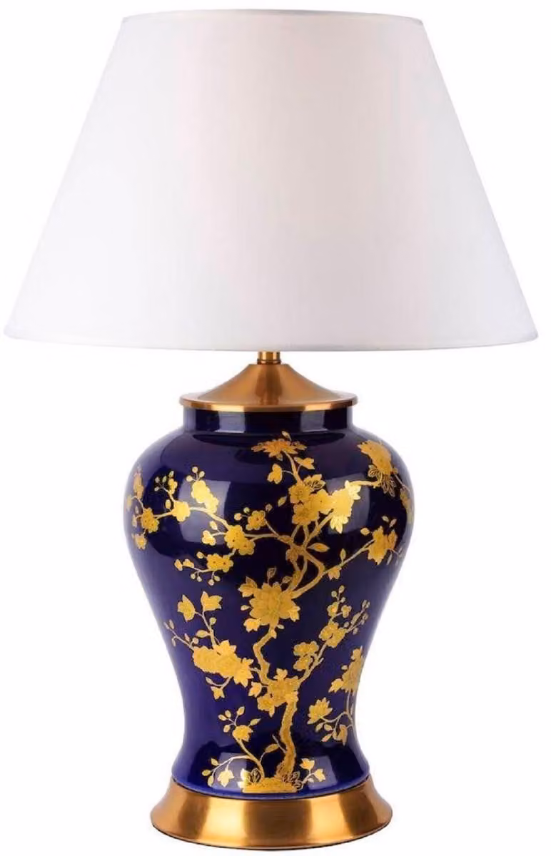 Casa Padrino lampada da tavolo in Vetroceramica blu / oro / bianco Ø 42 x H. 72 cm - Lampada da tavolo rotonda in Vetroceramica con paralume - Luci in Vetroceramica
