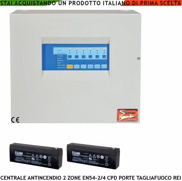 Centrale antincendio Securvera a 2 zone con gestione di 65 sensori, comando blocco porte R.E.I, allarme telefonico, sirene e spegnimento, dotata di 2 batterie 12 V 2 Ah in metallo