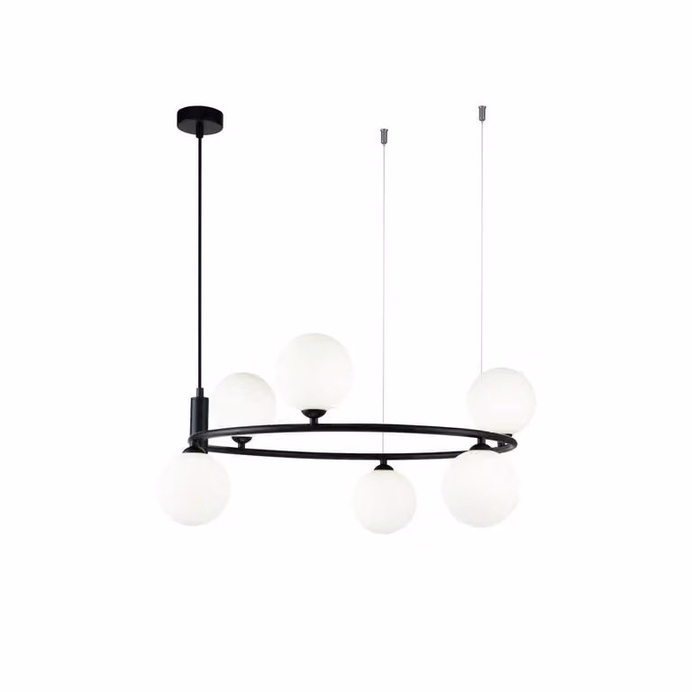 Lampadario Contemporaneo Ring Metallo Nero 6 Luci E Diffusori Bianchi