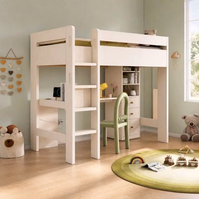 Letto a soppalco 90x200 cm con scrivania; 3 cassetti e ripiani; MDF; bianco