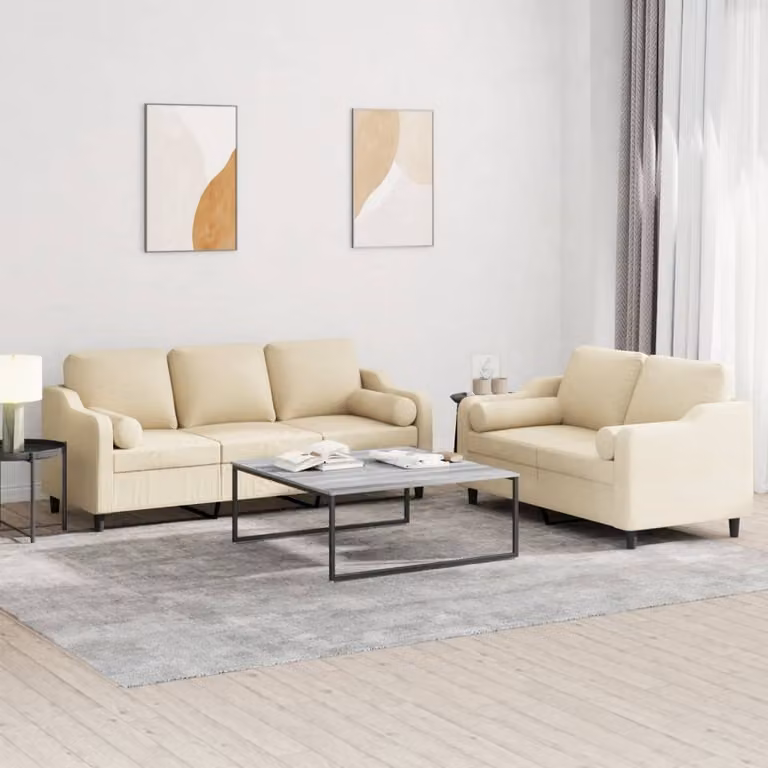 Set di 2 Divani vidaXL in Tessuto Beige con Cuscini e Struttura in Metallo e MDF