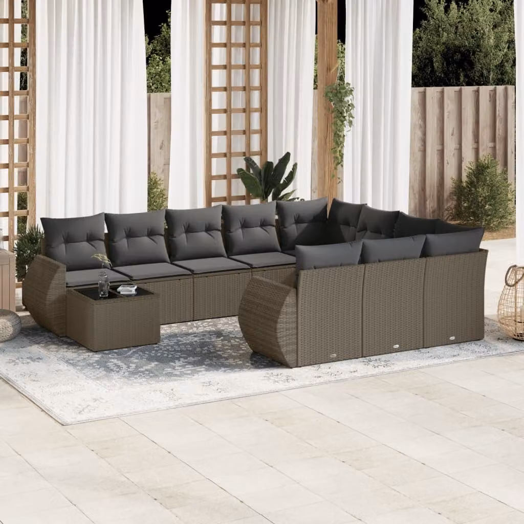 vidaXL Set Divani da Giardino 11 pz in Polyrattan Grigio con Cuscini e Tavolino da Esterno – 1