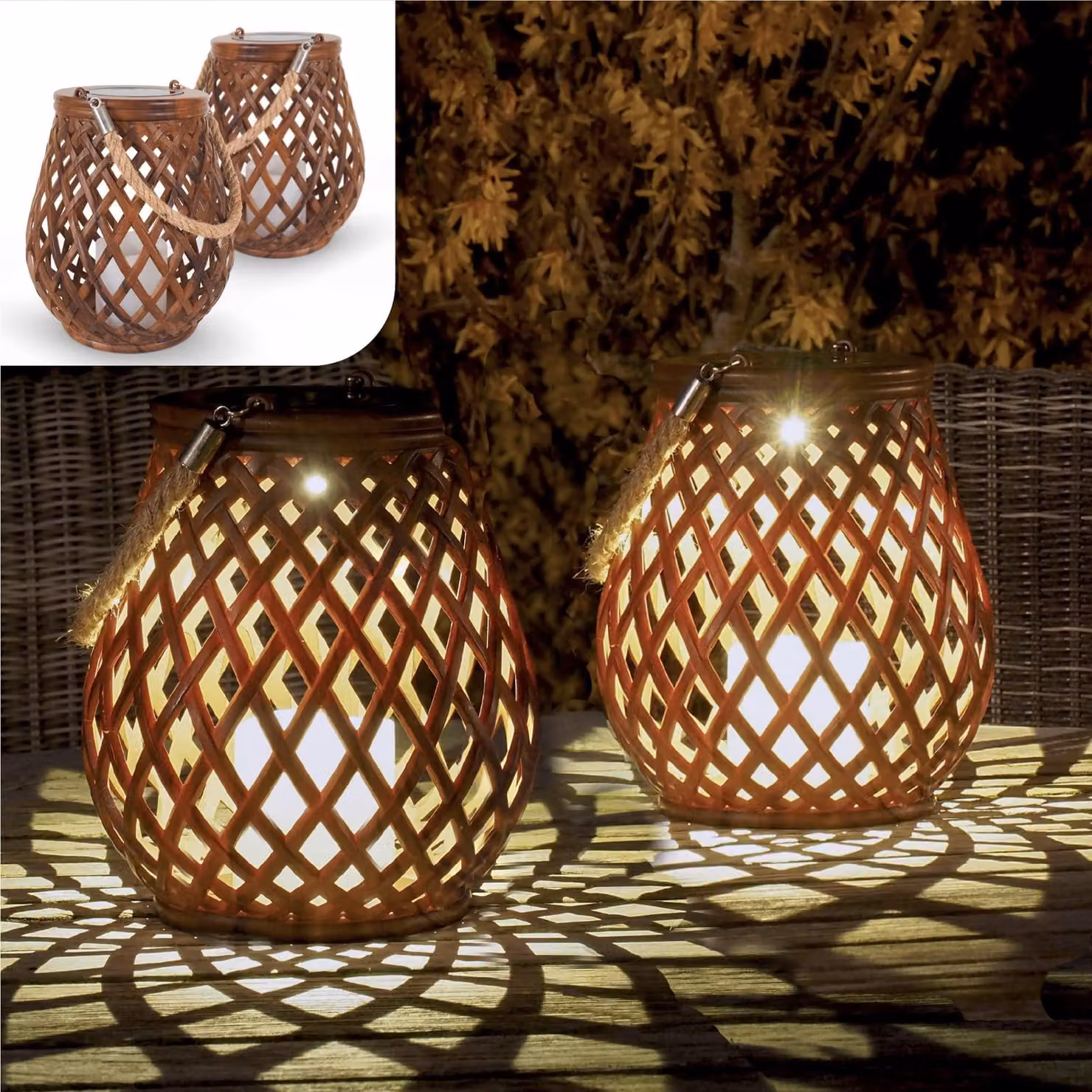 Set di 2 lampade da tavolo solari, aspetto in rattan, con LED, sensore di luminosità e colore marrone