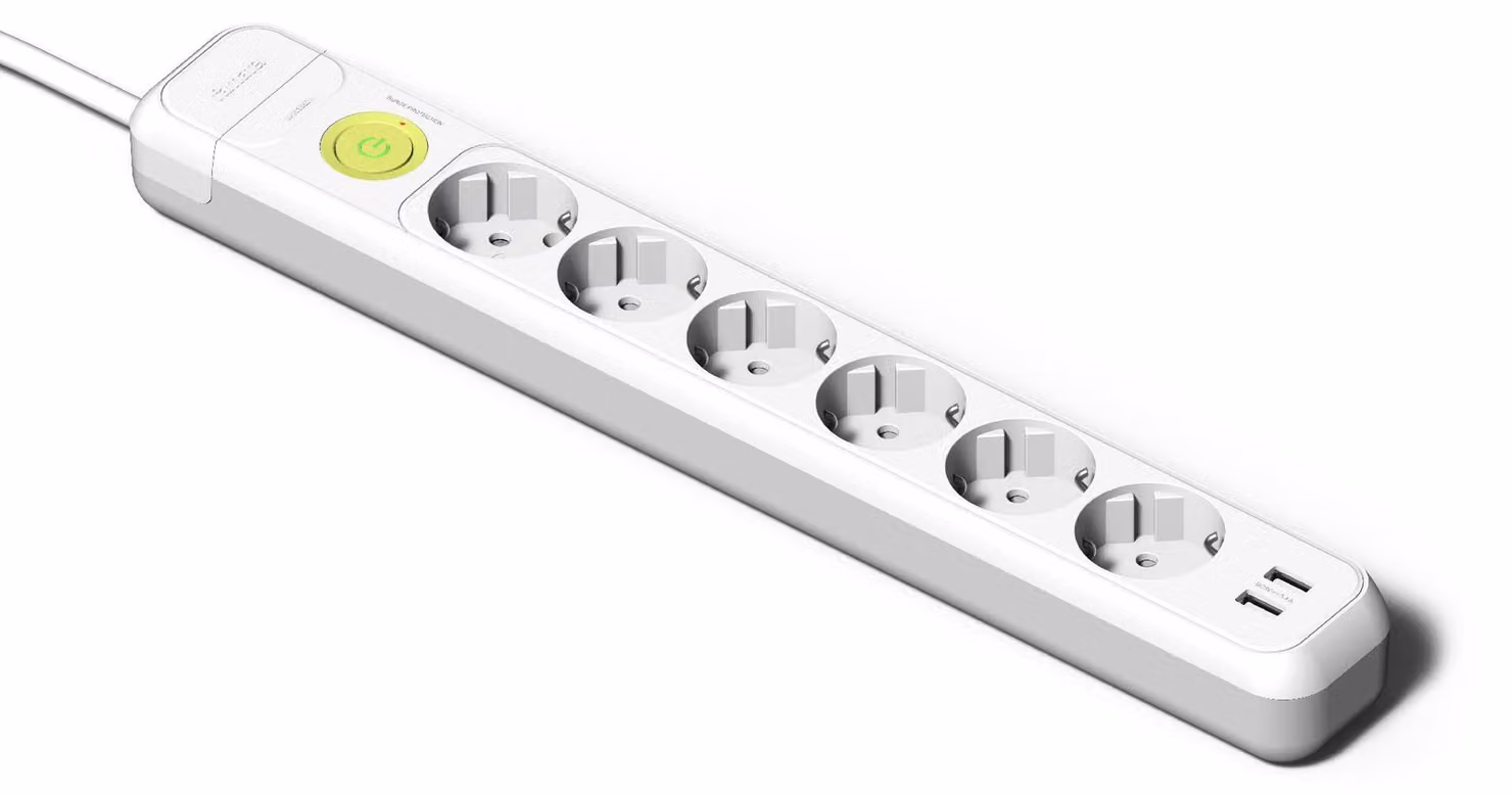 Ciabatta multipresa con 6 prese elettriche + 2 prese USB + interruttore, cavo da 1,5 metri