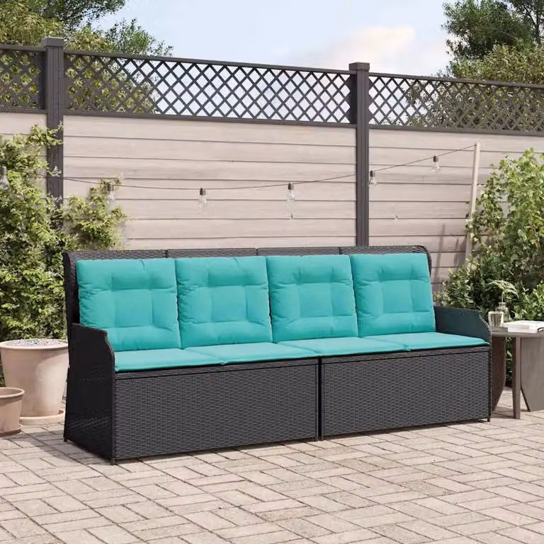 Panchina da giardino moderna vidaXL in rattan e metallo con braccioli, colore nero e turchese, L: 220 cm, P: 110 cm, H: 67 cm