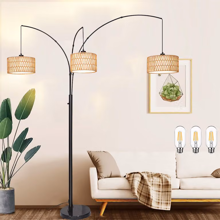 Lampada da terra a LED in rattan, lampada ad arco regolabile con 3 lampadine, lampada da terra con doppio paralume, lampada da lettura con interruttore a pulsante