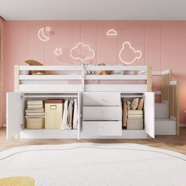 Letto a castello bianco con scala cassetti e armadietti in MDF 90x200 cm