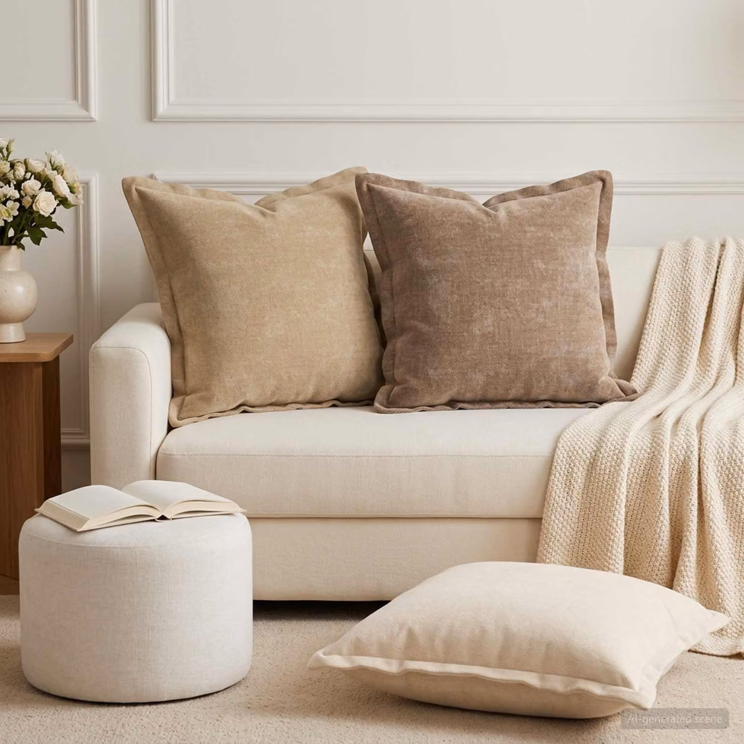 Set di 6 federe vidaXL HOUTEN in tessuto chenille beige, L 50 x P 50 cm