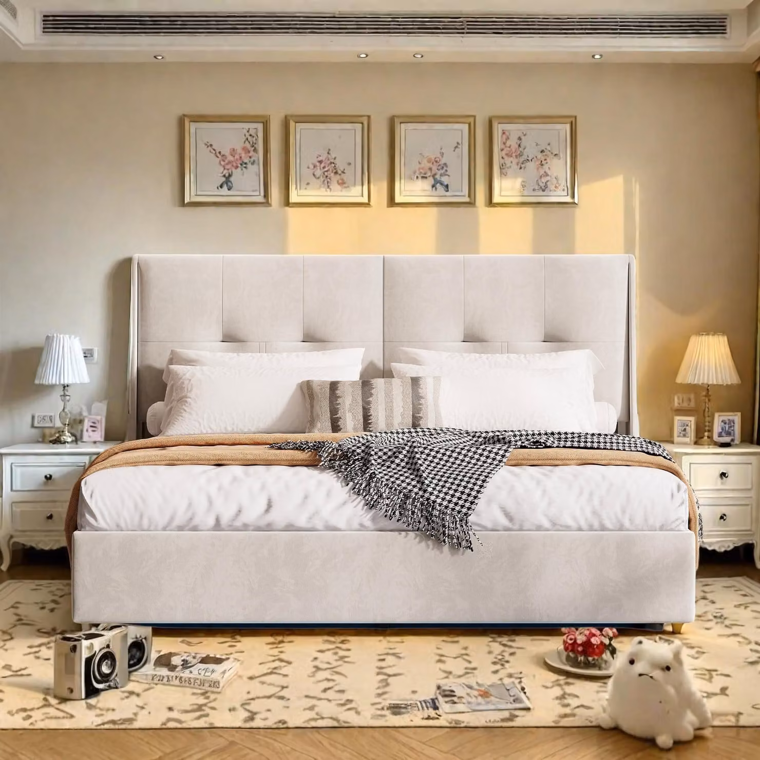 Letto a cassettone 140x200 cm in velluto beige con testiera e tasche laterali, illuminazione a LED di testiera e pediera, design moderno e pratico