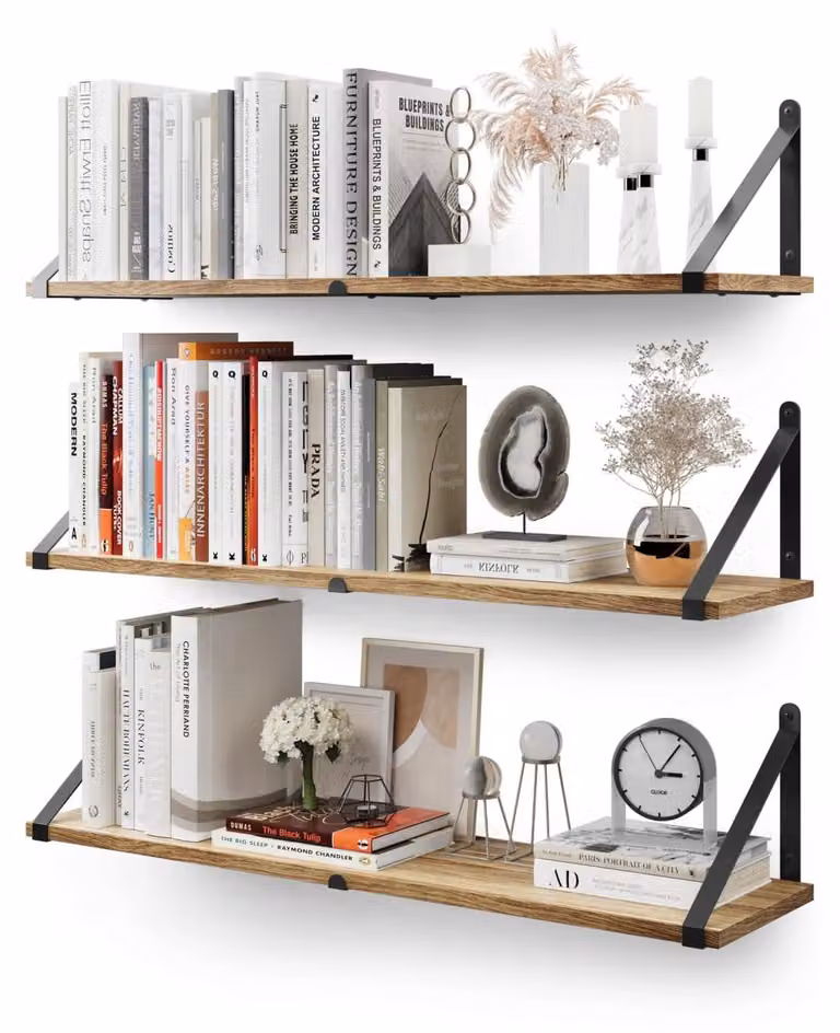 Set di 3 mensole a parete - Mensole sospese per libri - Legno con staffa metallica