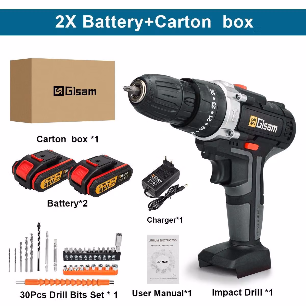 Avvitatore a batteria - Avvitatore a batteria 88VF - 2 batterie - Alimentazione a batteria - Per il fai da te - Scatola di cartone