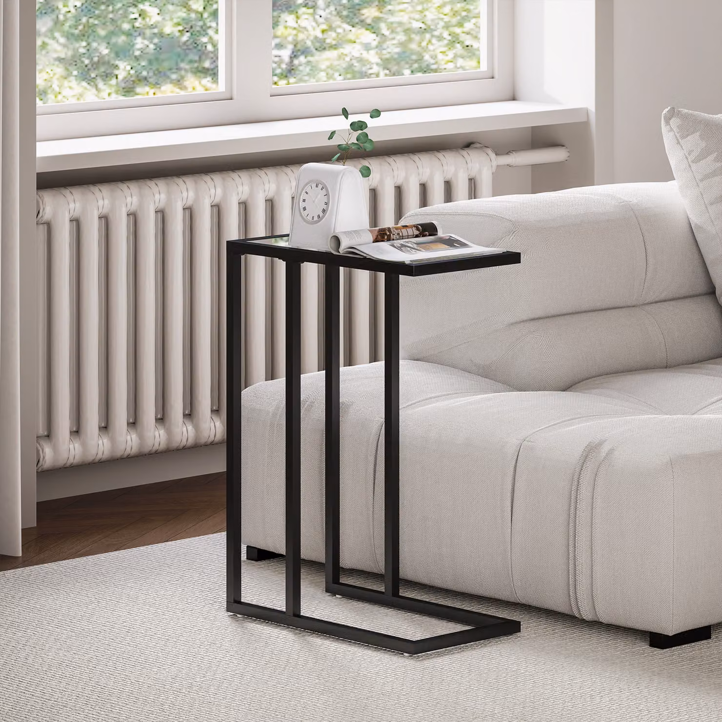 HOMCOM Tavolino da Caffè Moderno a Forma di C in Vetro e Metallo Nero L 46 cm x P 25 cm x H 63,5 cm – 2