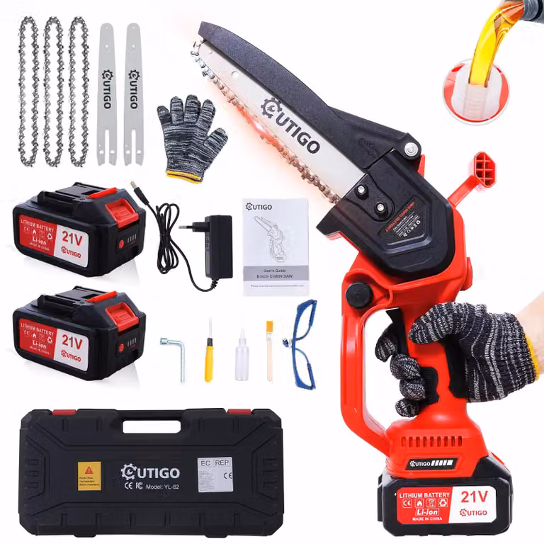 8 pollici Motosega a batteria, motosega senza fili OUTIGO 1000w 2 batterie da 21V 3000mAh, potente attrezzo da giardino per tagliare rami di legno