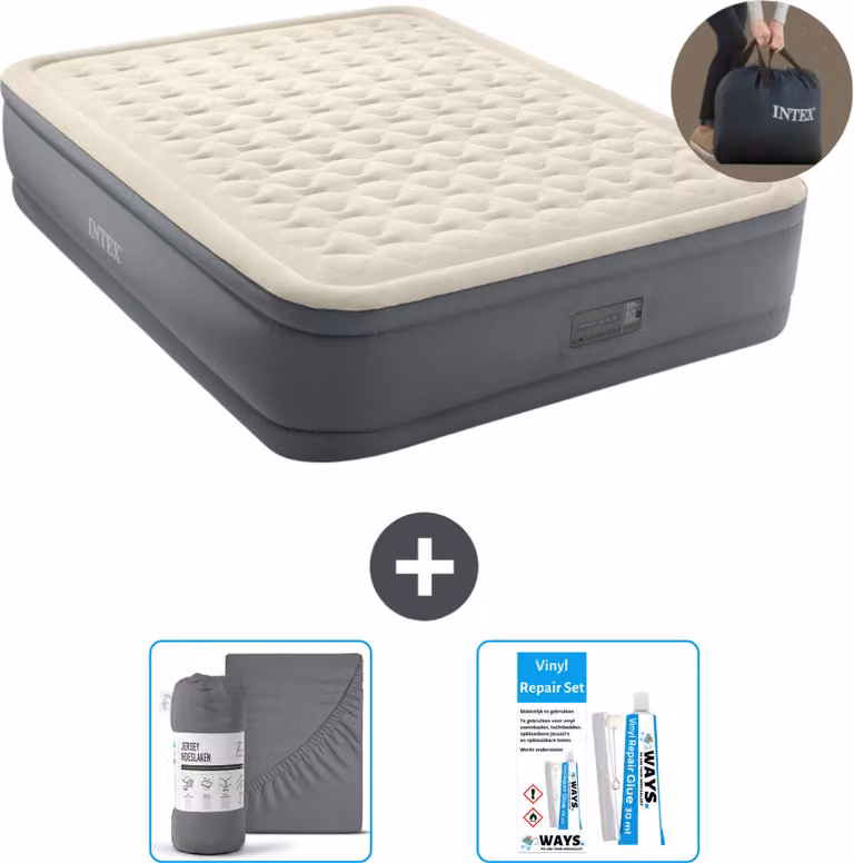 Intex Airbed - 2 persone - 152 x 203 x 46 cm - Grigio - Incluso pompa - lenzuolo e kit di riparazione