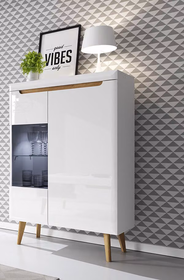 Vetrina da salotto 90cm bianco lucido rovere riviera