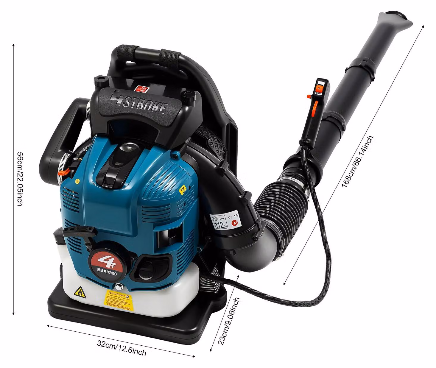 Soffiatore a benzina da indossare come zaino - Modello BBX9900 - Motore a 4 tempi - 75,6 cm³ - 2600 W - Serbatoio da 1,9 litri - Colore: blu