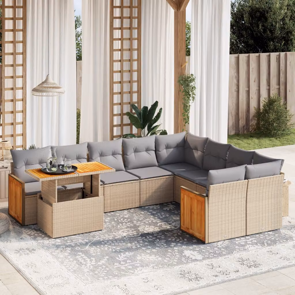vidaXL Set Divano da Giardino 10 pz in Polyrattan con Cuscini Beige e Tavolino da Esterno a Forma di U – 1