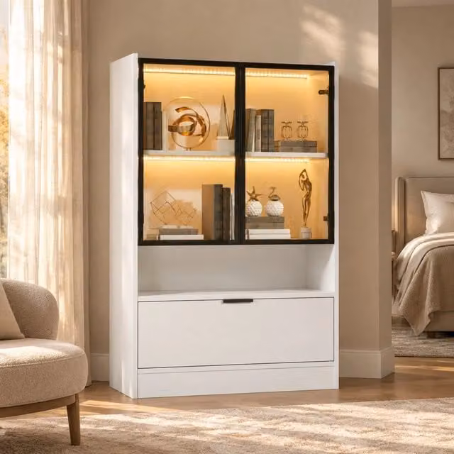 Vetrina Moderna Bianca Opaca 120x80x35 cm con LED e Ante in Vetro Temp e Ribalta Inferiore