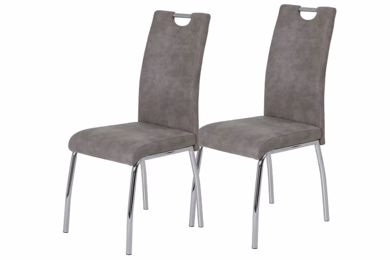 Hela Tische, set di 2 sedie per sala da pranzo, sedia a quattro gambe Susi - rivestimento grigio vintage - schienale con maniglia - struttura in metallo cromato in tubo tondo - portata 120 kg