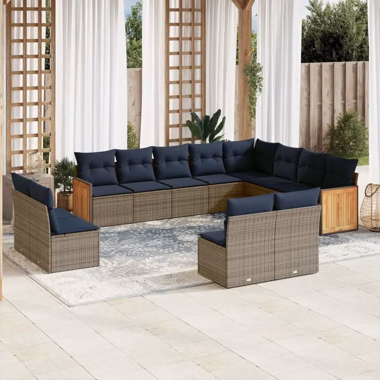 Set di divani da giardino vidaXL a forma di U con cuscini, struttura in rattan e legno di acacia, colore grigio e blu