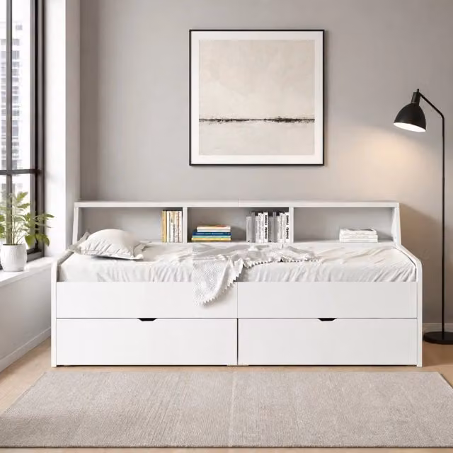 Letto da giorno con 2 cassetti e 3 vani portaoggetti; 90 x 200 cm; bianco